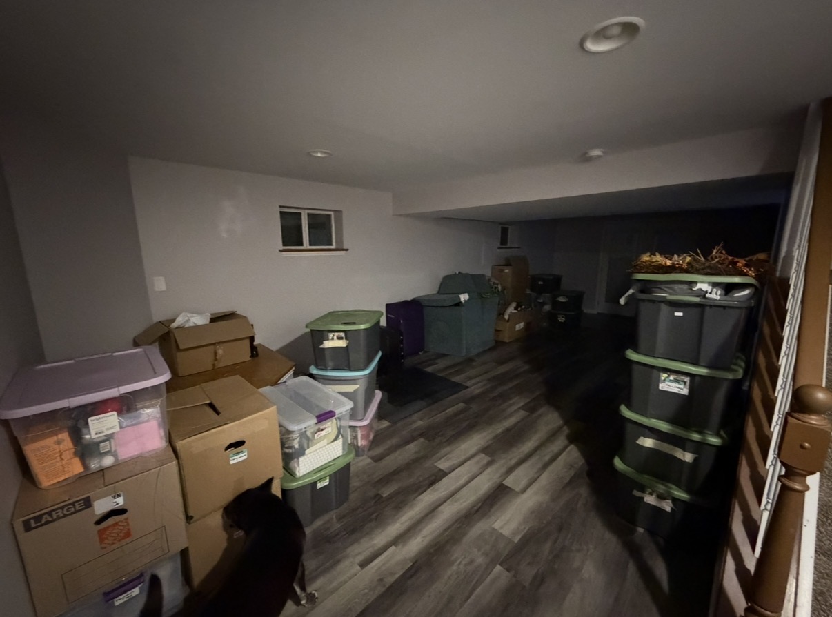 Basement storage room stacked with moving boxes and plastic bins