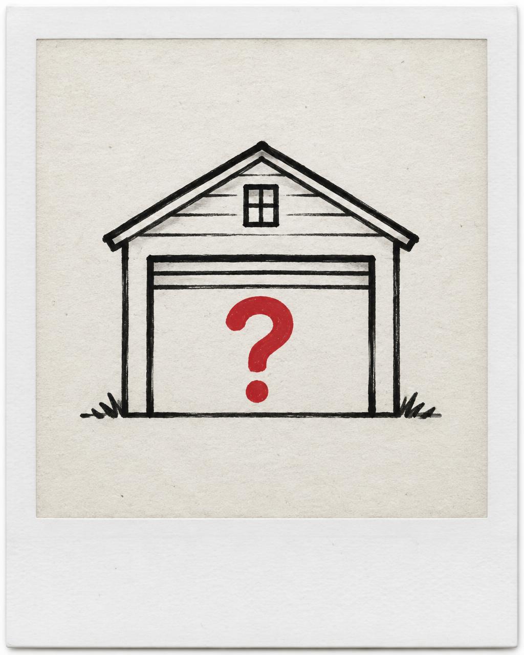 Mystery card with a hand-drawn garage and a red question mark